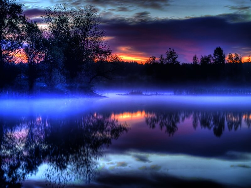 Misty Lake at Dusk — Blue