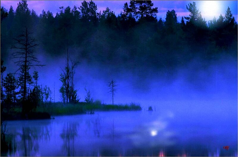 Misty Lake at Night — Blue, Serene