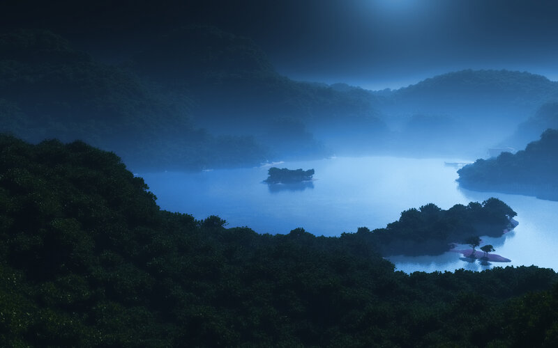 Misty Lake at Night — Blue