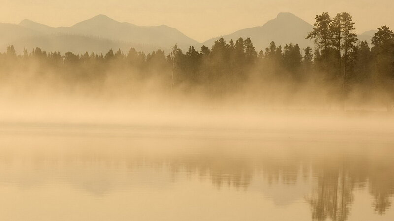 Misty lake at sunrise