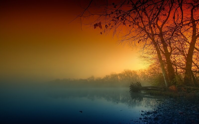 Misty lake at sunrise