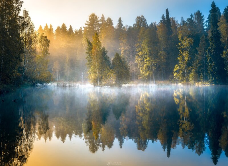 Misty Lake at Sunrise — Blue, Serene, Morning, Photograph