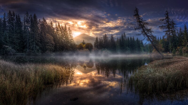 Misty Lake at Sunrise — Blue, Serene, Photograph, Forest, Mountain