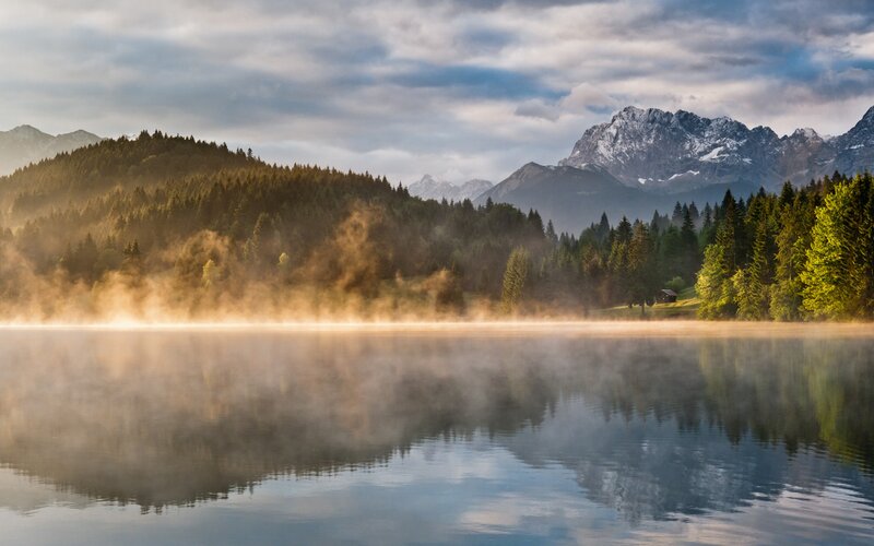 Misty Lake at Sunrise — Blue, Serene, Photograph, Mountains, Forest