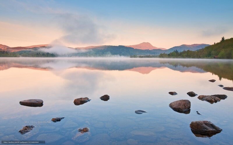Misty Lake at Sunrise — Blue, Serene, Photograph, Mountains