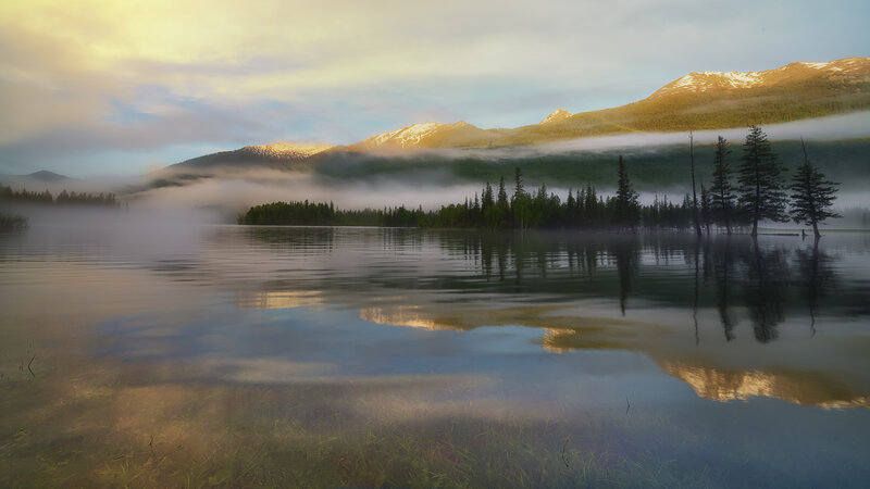 Misty Lake at Sunrise — Blue, Serene, Photograph, Mountains, Trees