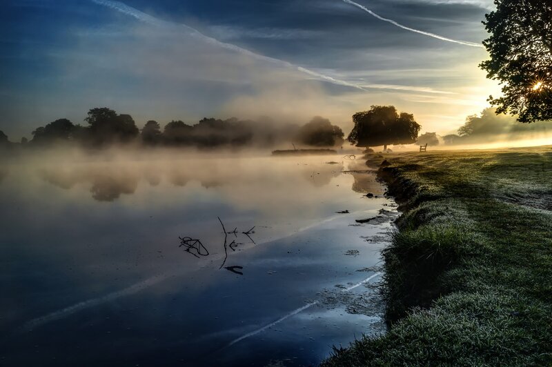 Misty Lake at Sunrise — Blue, Serene, Photograph, Trees, Fog, Bench