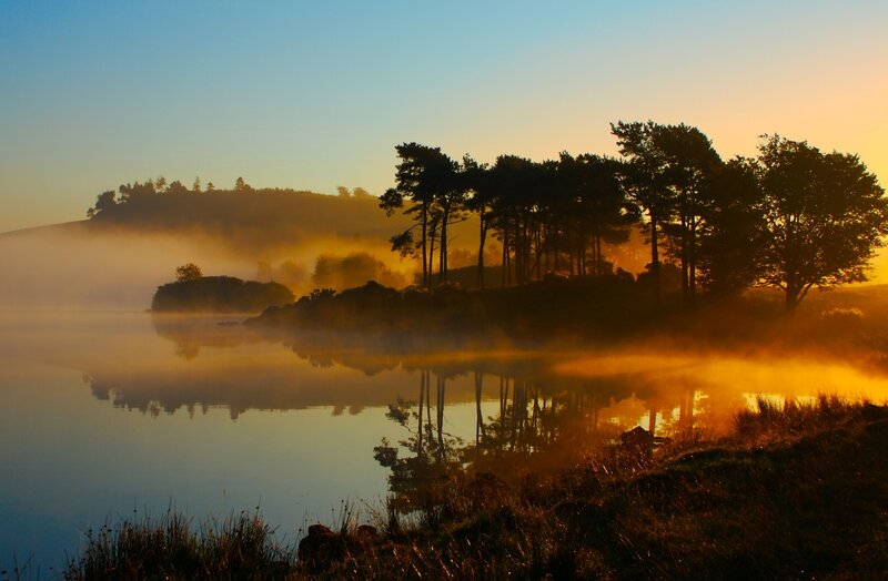 Misty Lake at Sunrise — Blue, Serene, Photograph, Trees, Fog, Reflection, Hills