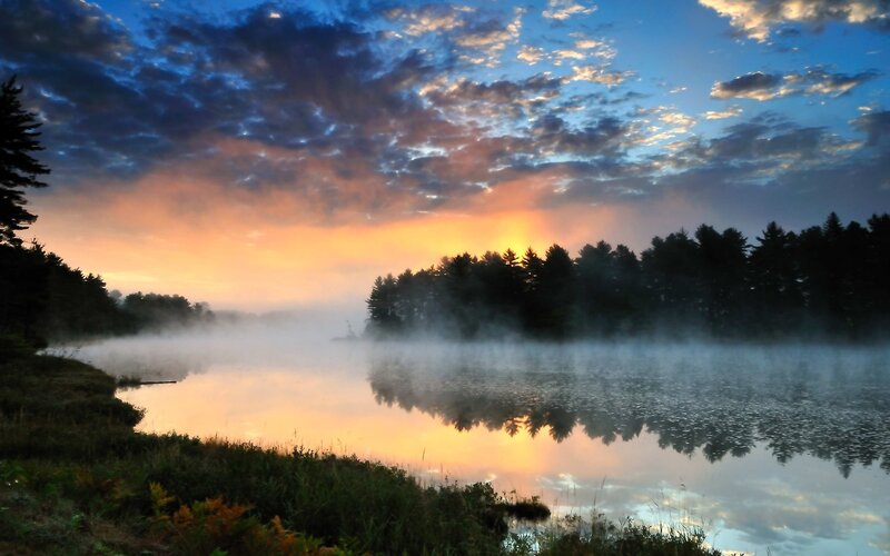Misty Lake at Sunrise — Blue, Serene, Photograph, Trees, Sky, Fog, Orange, Green