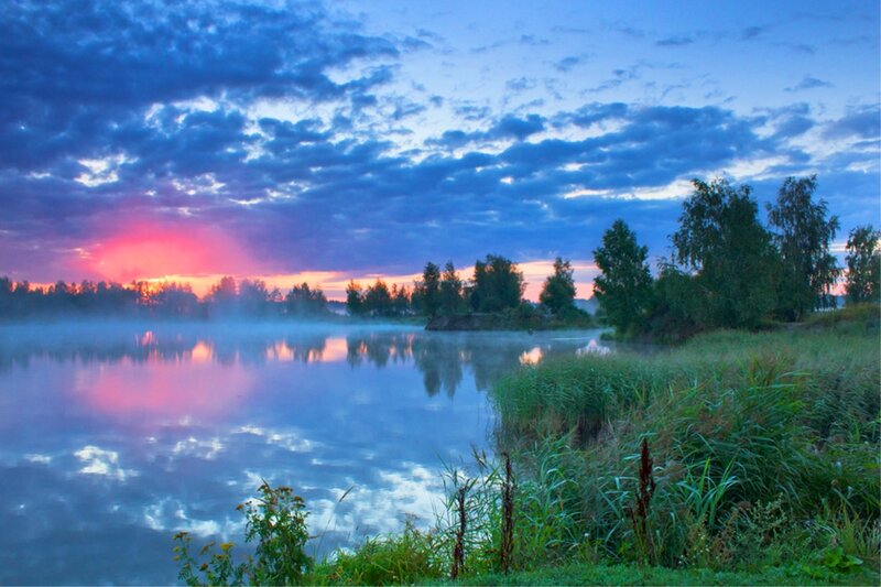 Misty Lake at Sunrise — Blue, Serene, Photograph, Trees, Sky