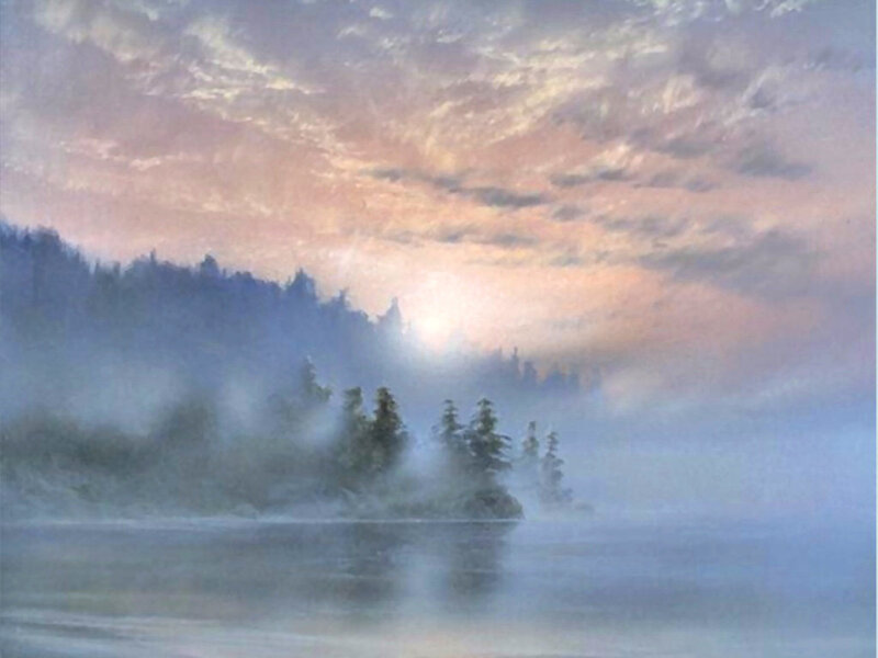 Misty Lake at Sunrise — Blue, Serene