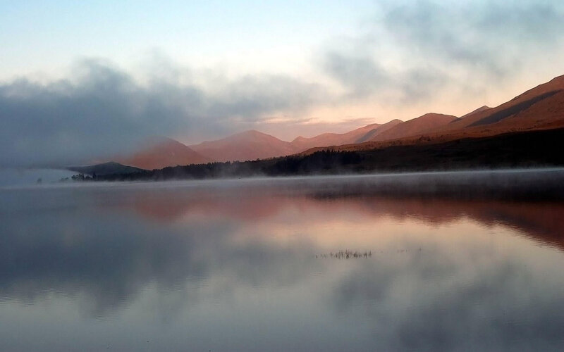 Misty Lake at Sunrise — Blue