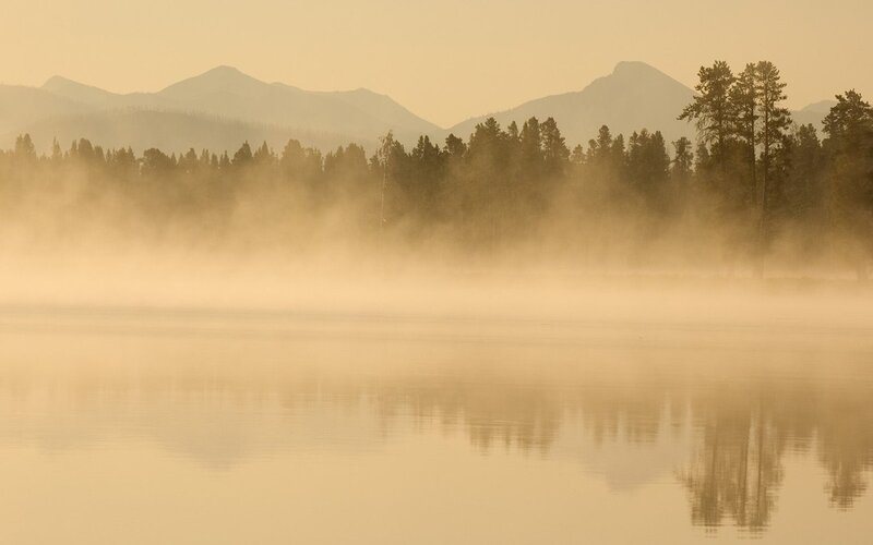 Misty Lake at Sunrise — Gold, Serene, Photograph, Mountains, Trees