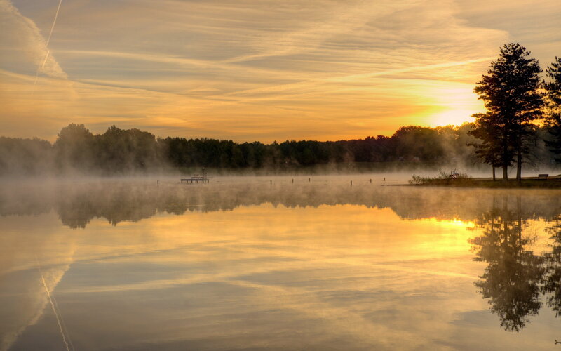 Misty Lake at Sunrise — Gold, Serene, Photograph, Trees, Dock