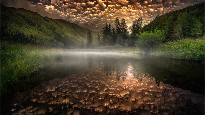 Misty Lake at Sunrise — Green, Serene, Photograph, Mountains