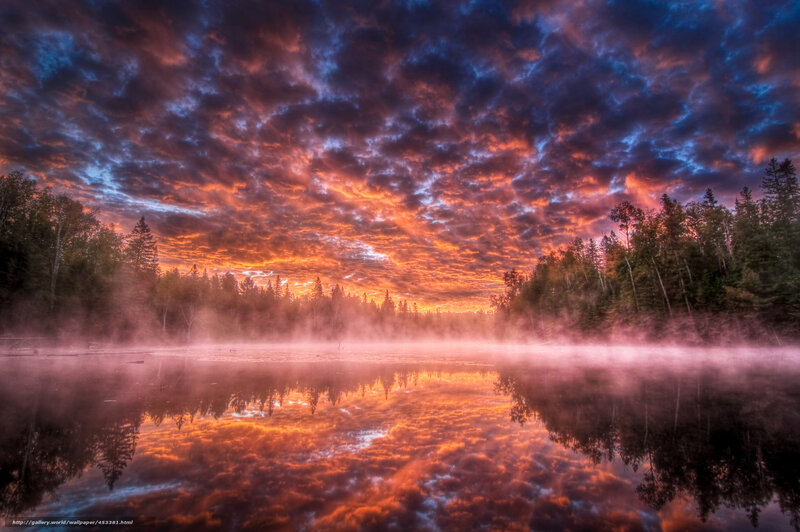 Misty Lake at Sunrise — Orange, Dramatic, Photograph, Forest, Clouds