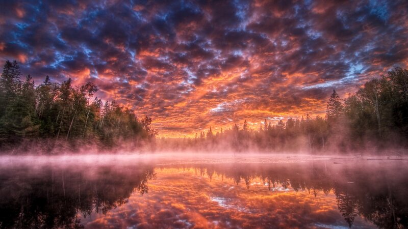 Misty Lake at Sunrise — Orange, Dramatic, Photograph, Forest