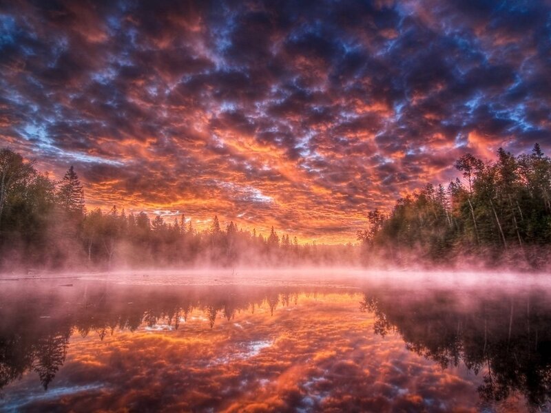 Misty Lake at Sunrise — Orange, Dramatic, Photograph