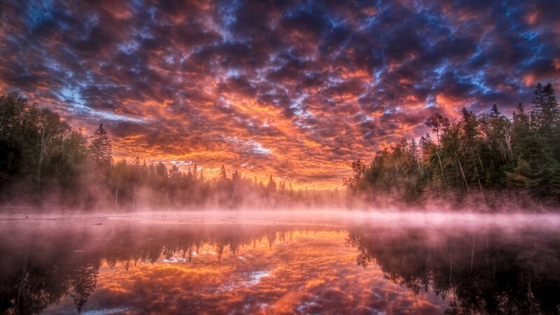 Misty Lake at Sunrise — Orange, Dramatic, Photograph, Trees, Clouds