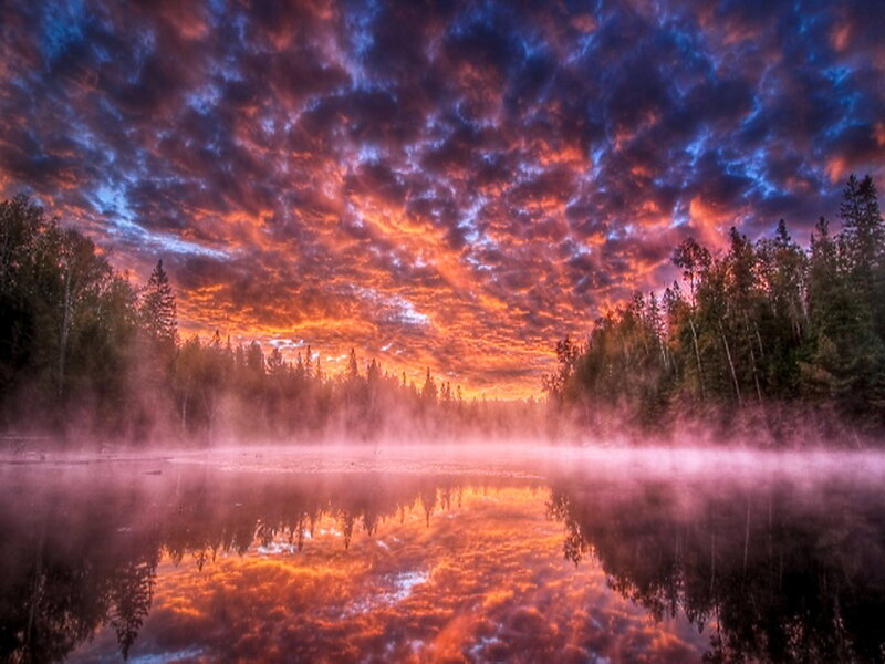 Misty Lake at Sunrise — Orange, Dramatic, Photograph, Trees