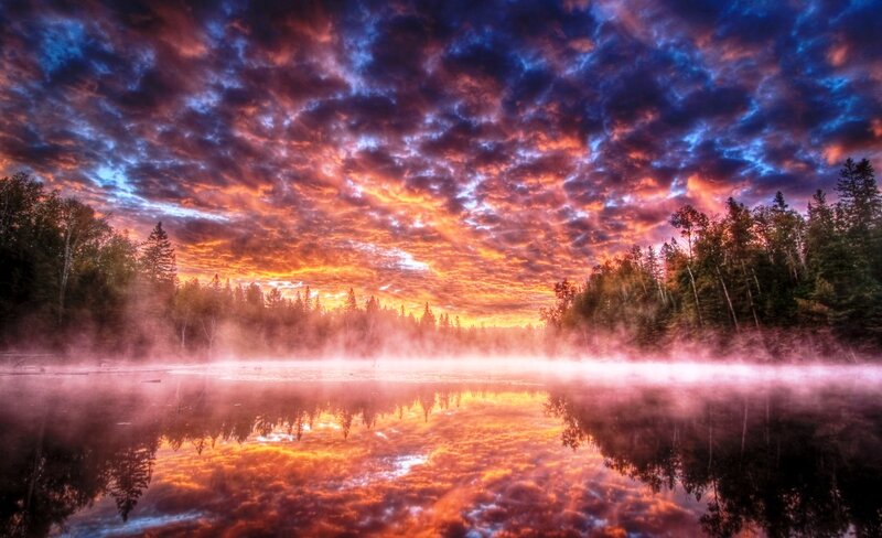 Misty Lake at Sunrise — Orange, Dramatic