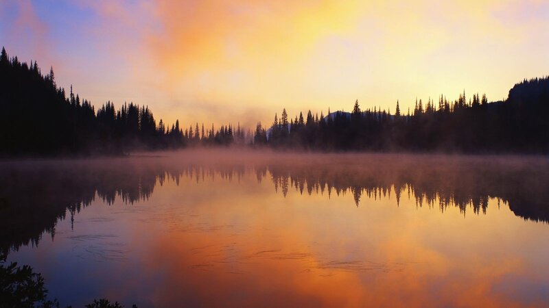 Misty Lake at Sunrise — Orange, Serene, Photograph, Forest, Mountains