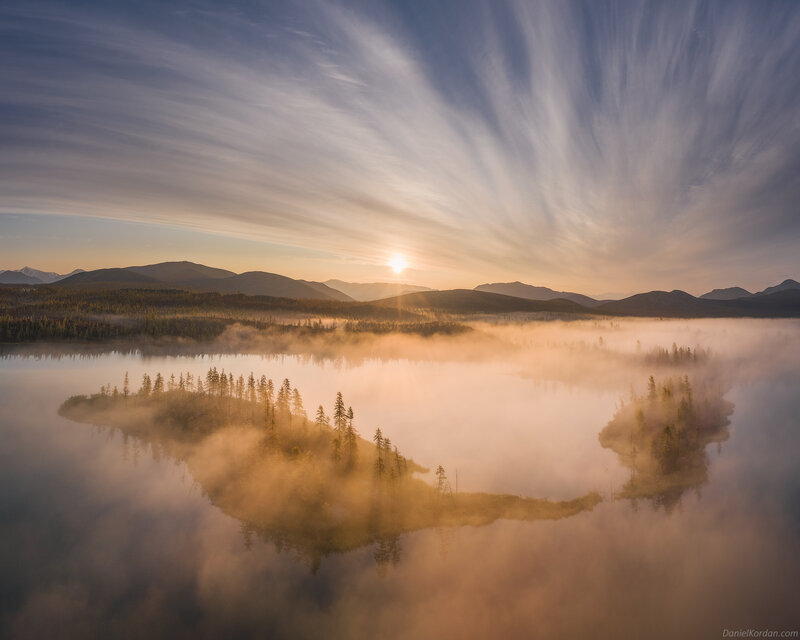 Misty Lake at Sunrise — Orange, Serene, Photograph, Mountains, Trees