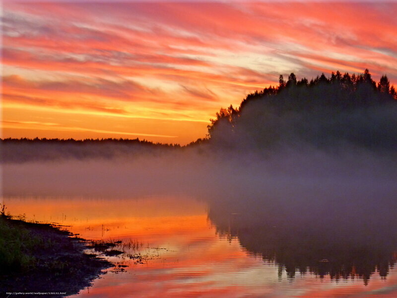 Misty Lake at Sunrise — Orange, Serene, Photograph, Sky
