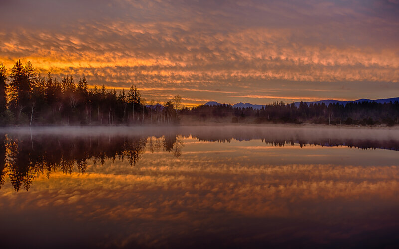 Misty Lake at Sunrise — Orange, Serene, Photograph, Trees, Mountains