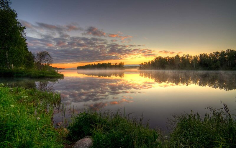 Misty Lake at Sunrise — Orange, Serene