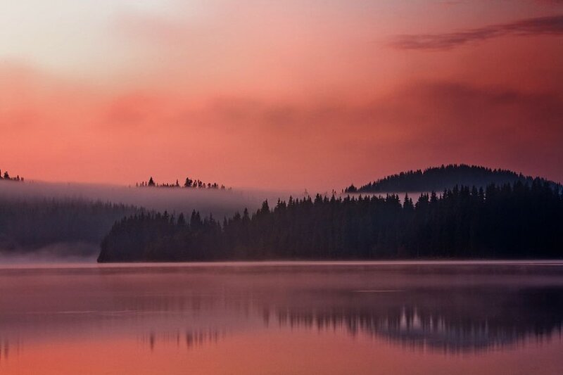 Misty Lake at Sunrise — Pink