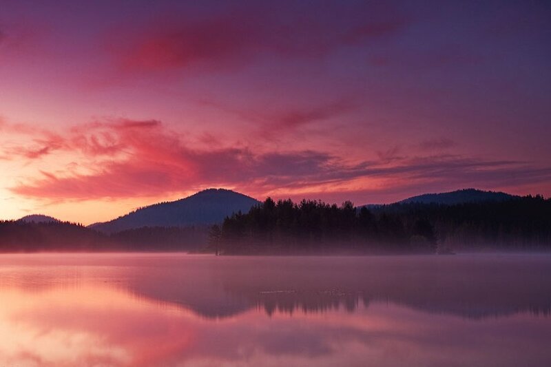Misty Lake at Sunrise — Purple