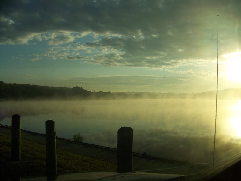 Misty Lake at Sunrise — Yellow, Serene, Photograph