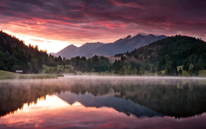 Misty lake at sunset