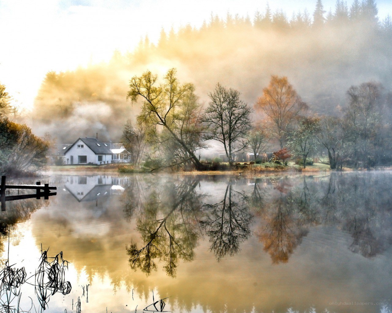 Misty lake house at dawn