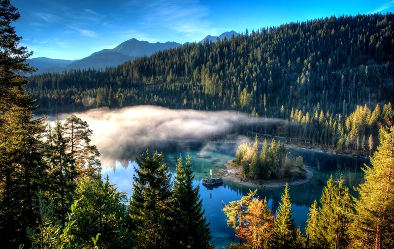 Misty Lake in Forest — Blue, Serene