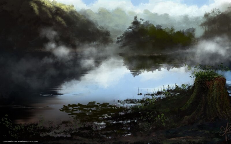 Misty Lake in Forest — Green, Serene, Morning, Digital Art