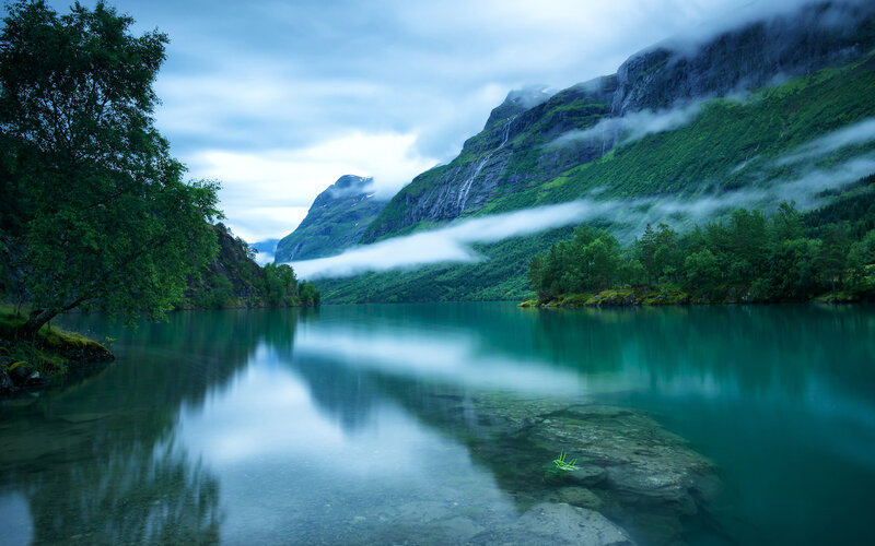 Misty Lake in Mountain Valley — Blue