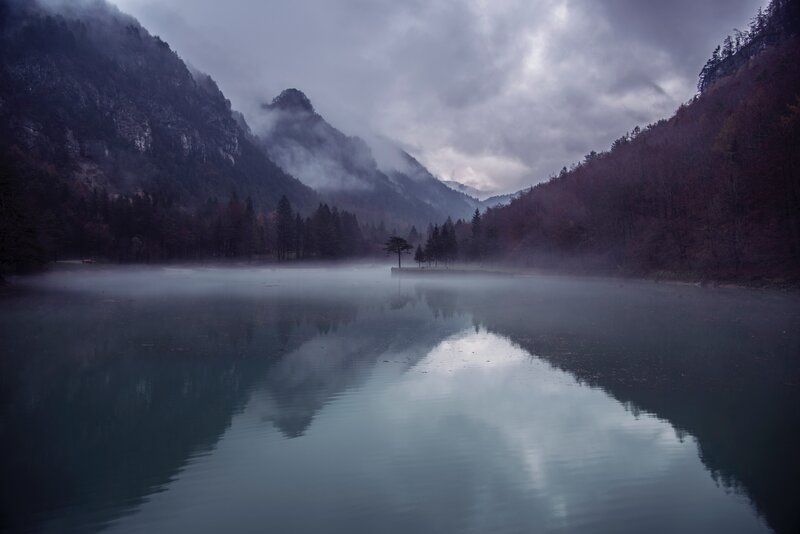 Misty Lake in Mountains — Gray