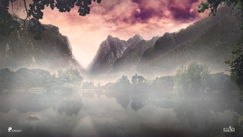 Misty Lake in Mountains — Purple, Serene, Misty