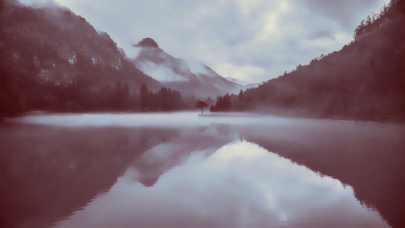 Misty Lake in Mountains — Purple, Serene