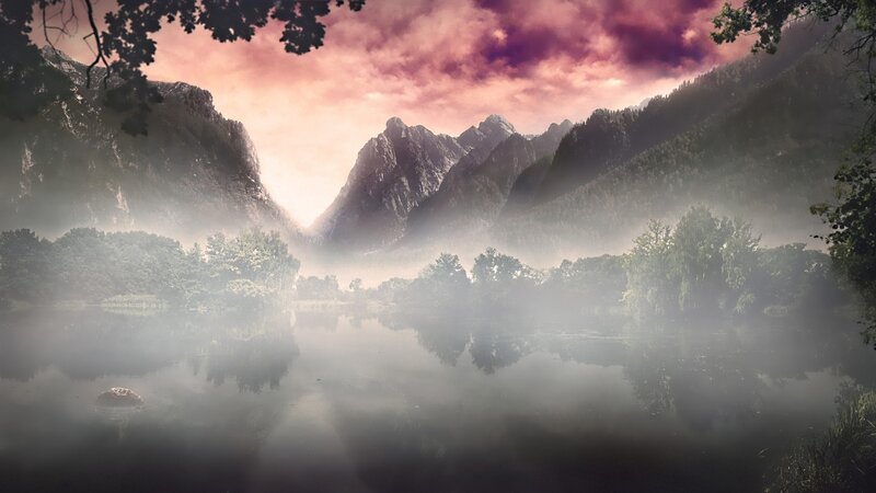 Misty Lake in Mountains — Purple