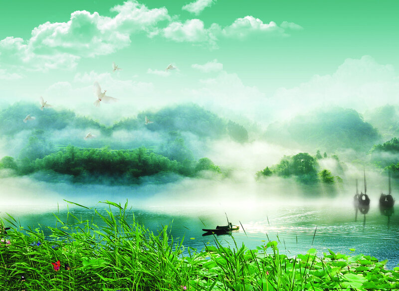 Misty Lake with Boats