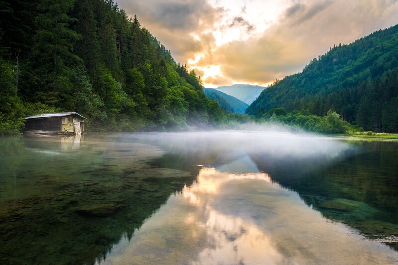 Misty Lake with Cabin
