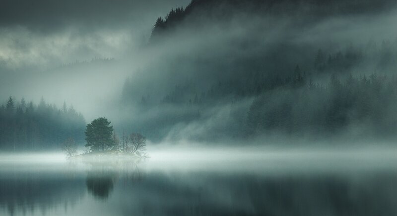 Misty Lake with Island — Gray