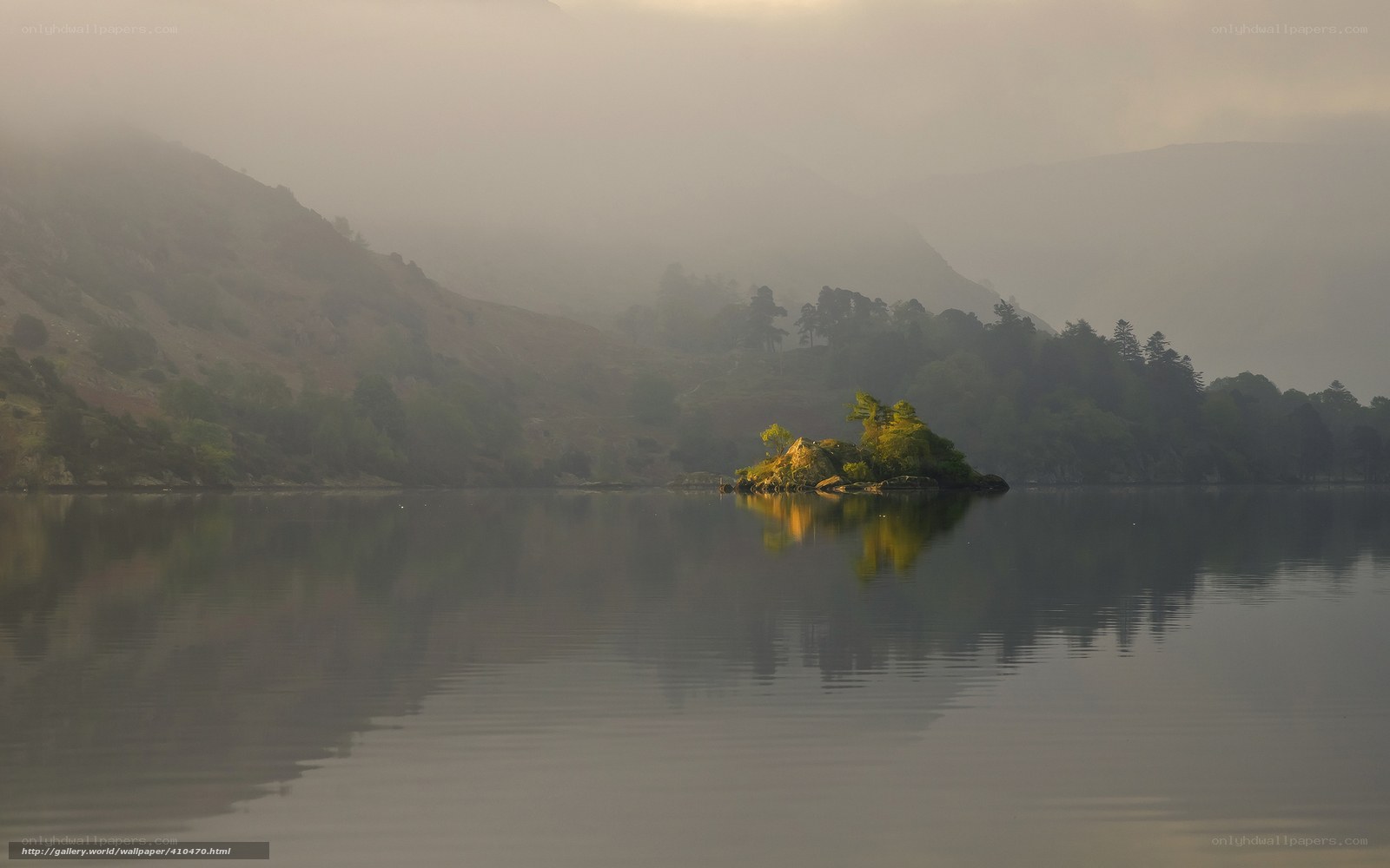 Misty lake with island