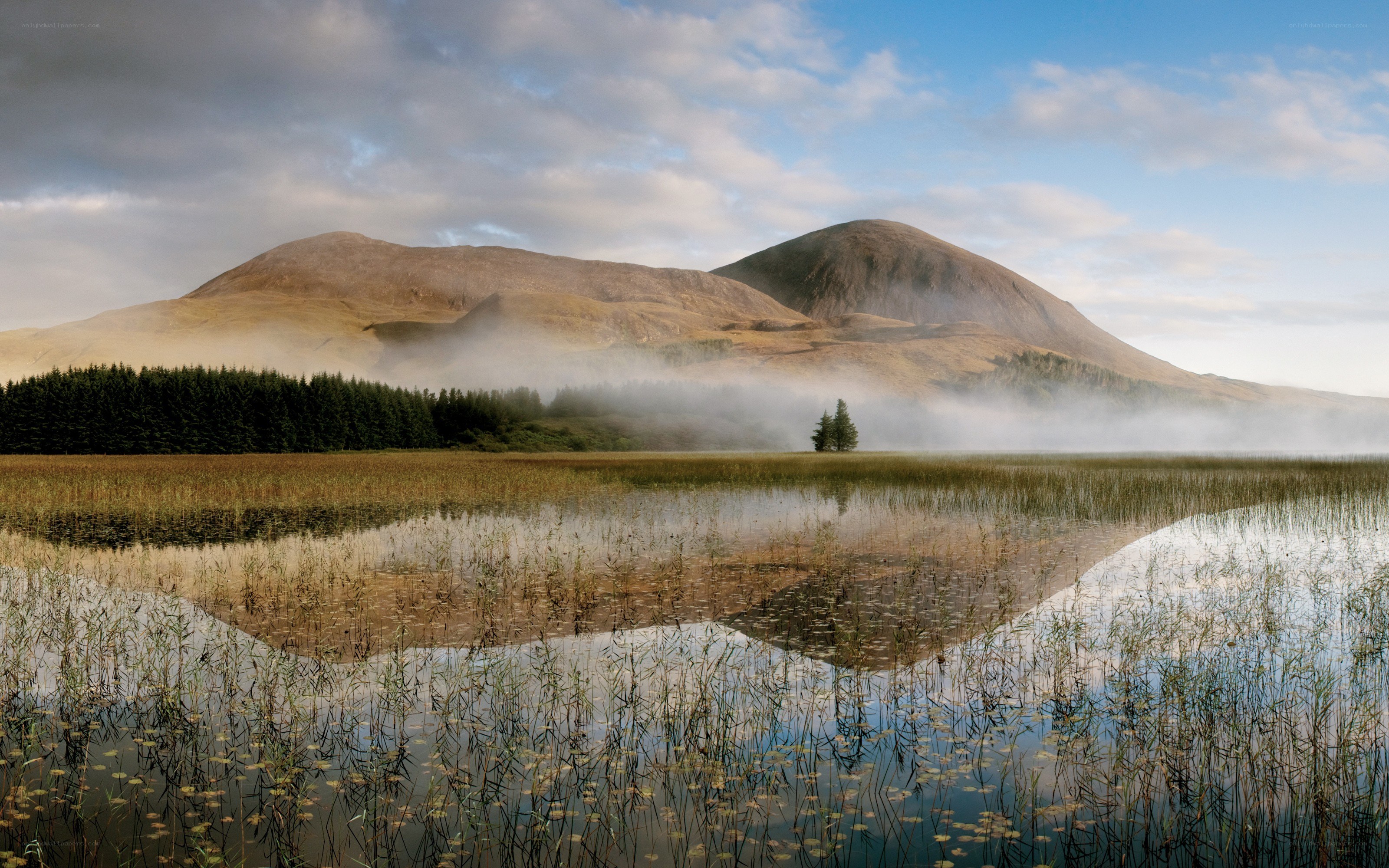 Misty lake with mountain reflection