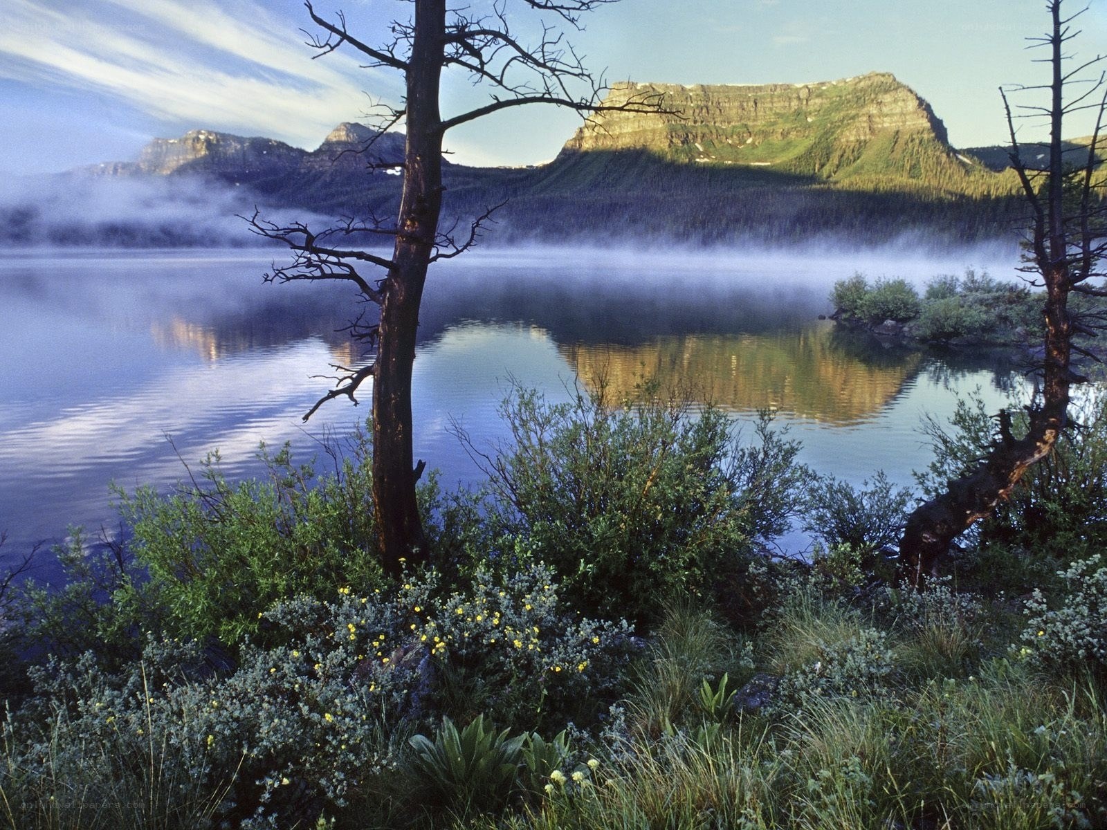 Misty lake with mountains