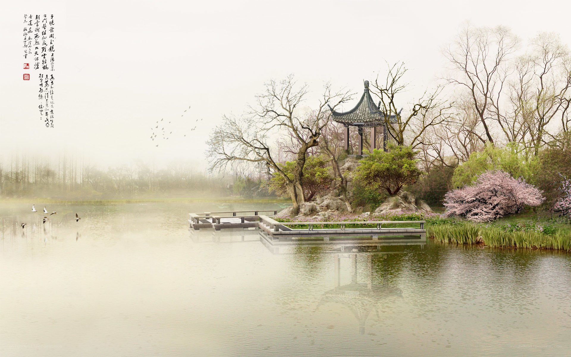 Misty lake with pavilion