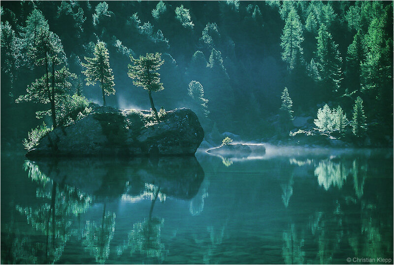Misty Lake with Rock Island